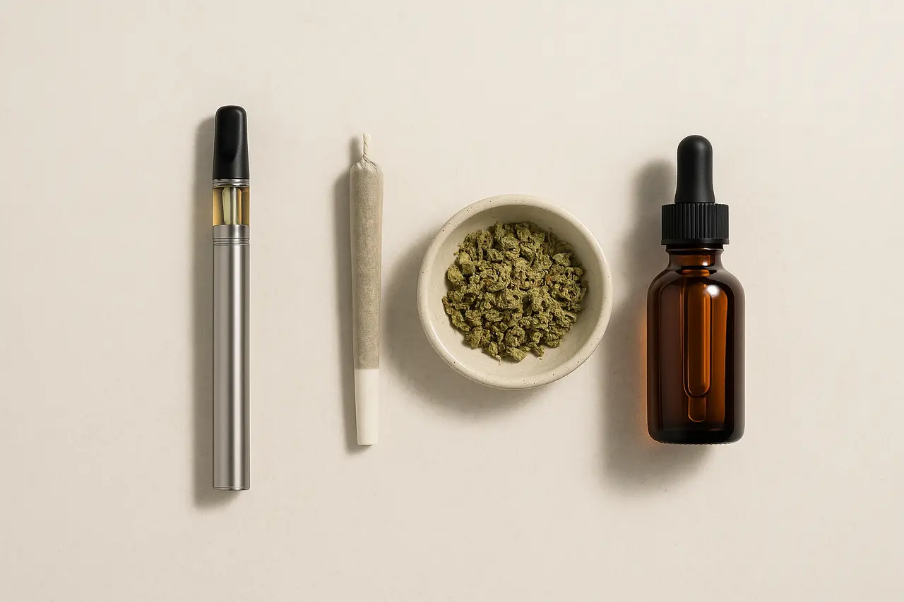 A clean overhead flat lay of cannabis consumption methods on a stone surface