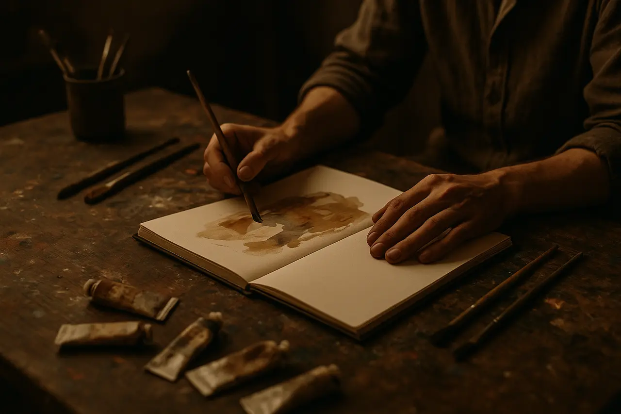 An artist's hands working at a paint-splattered table in warm studio light