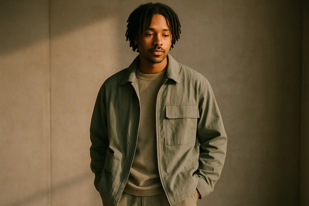 A model in earth-tone sage tech-wear streetwear standing in warm afternoon light