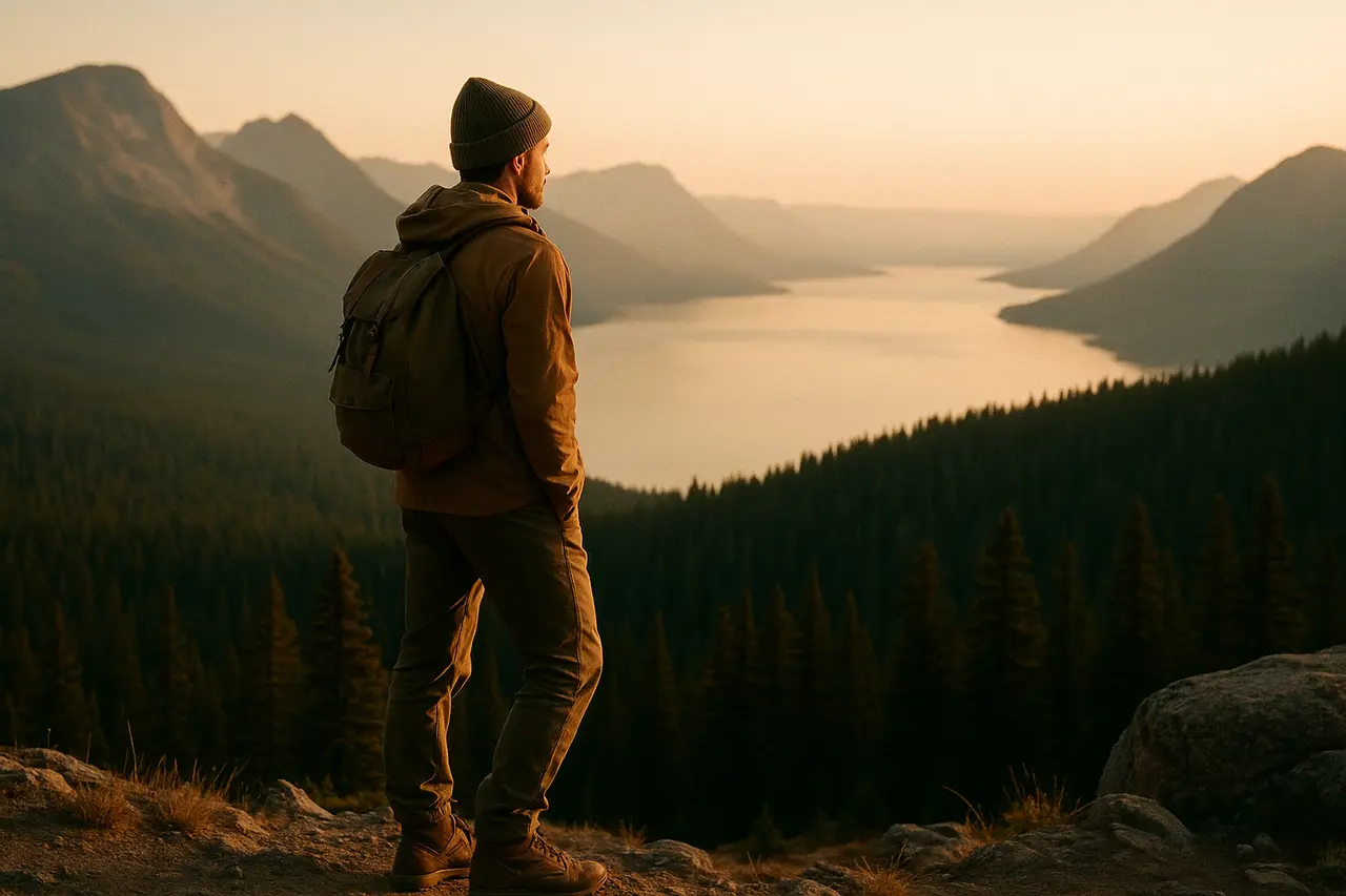 A lone hiker pausing at a mountain overlook at golden hour