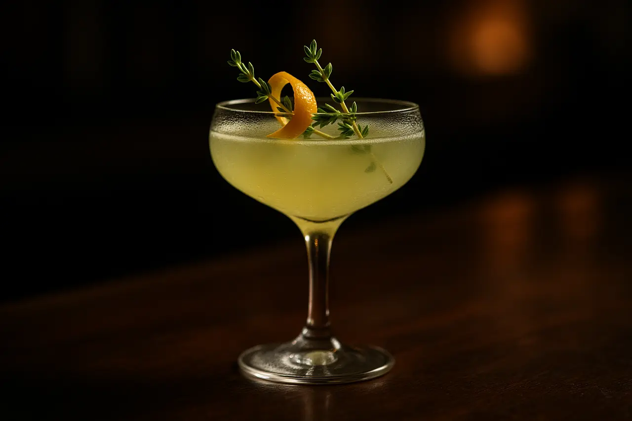 An elegant craft THC mocktail with herb garnish on a moody bar top