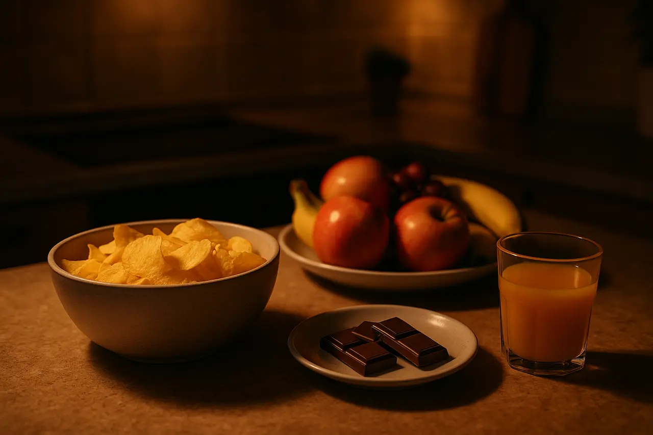 An inviting late-night spread of comfort snacks on a warm-lit kitchen counter